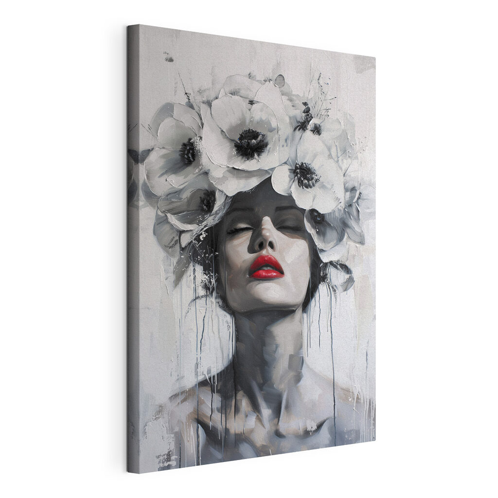 Lèvres rouges, fleurs blanches, toile tendue et bord enveloppé