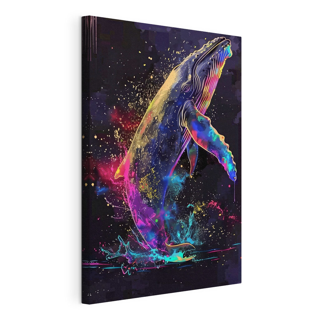 Baleine jaillissant des couleurs, toile tendue et bord enveloppé