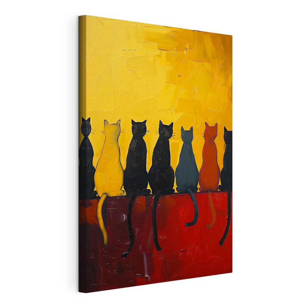 Chats au mur rouge, toile tendue et bord enveloppé