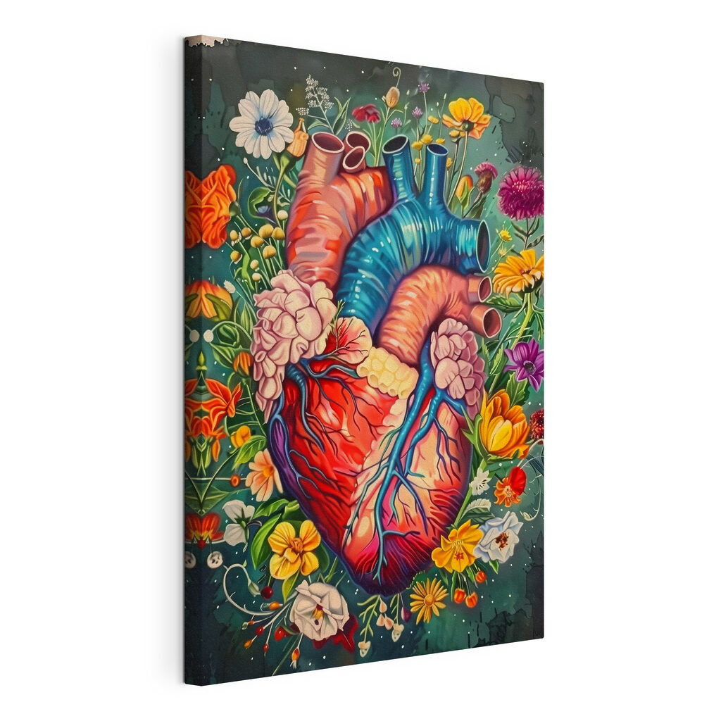 Cœur parmi les fleurs, toile tendue et bord enveloppé