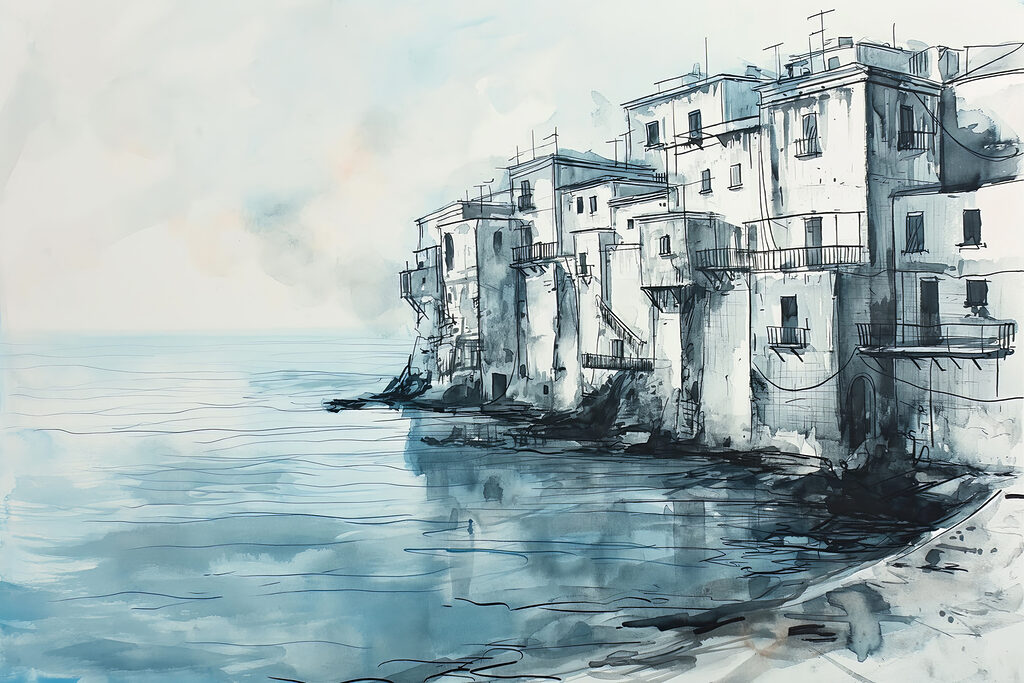Maisons pâles sur l’eau — motif complet
