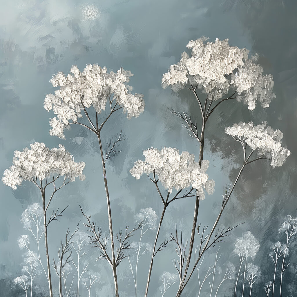 Ombelles blanches sur gris — motif complet