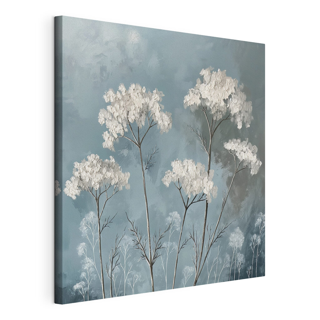 Ombelles blanches sur gris, toile tendue et bord enveloppé