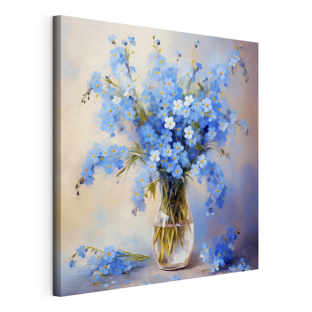 Myosotis dans un vase, toile tendue et bord enveloppé