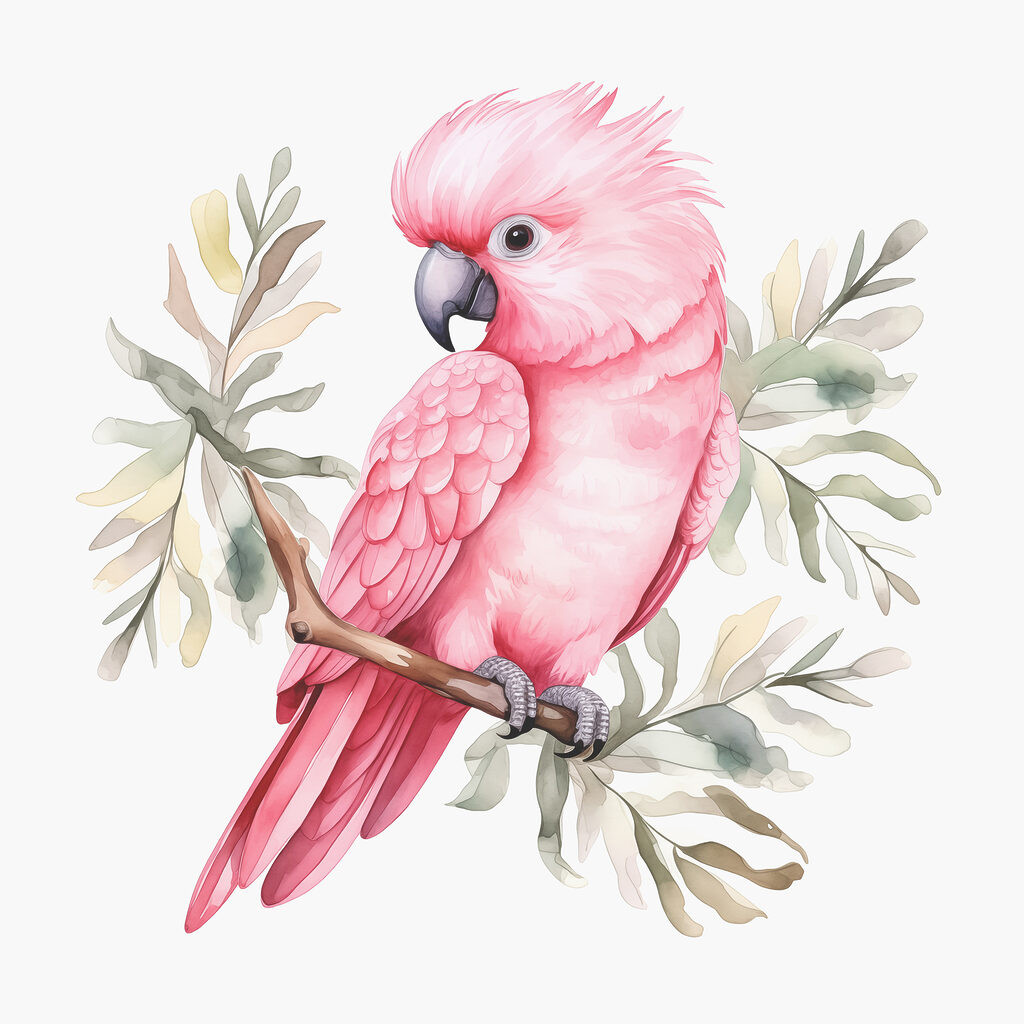 Cacatoès rose sur gris-vert — motif complet