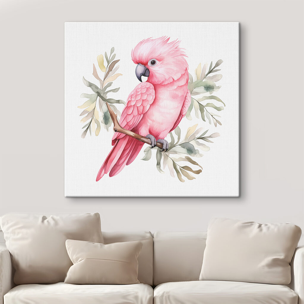Cacatoès rose sur gris-vert — intérieur 2