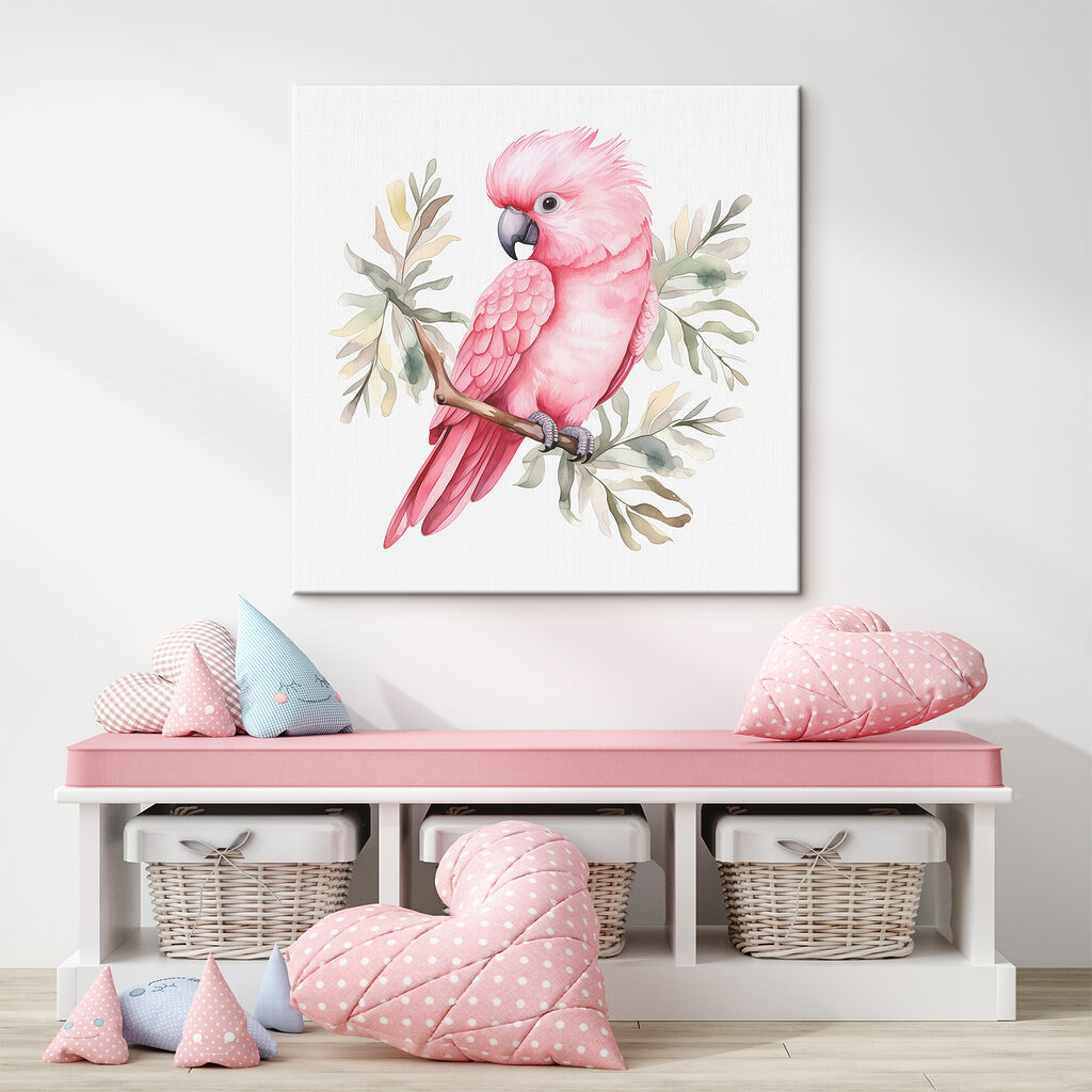 Cacatoès rose sur gris-vert — intérieur 1
