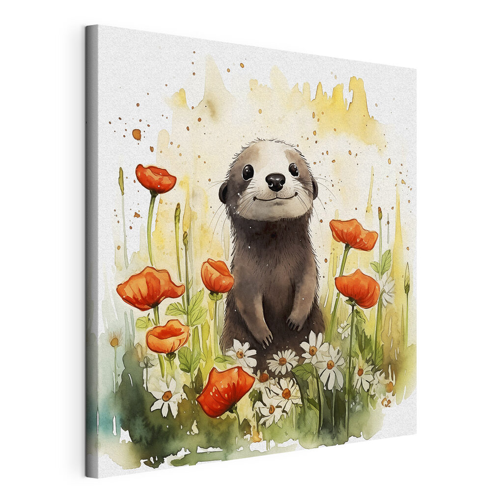 Loutre parmi les coquelicots, toile tendue et bord enveloppé