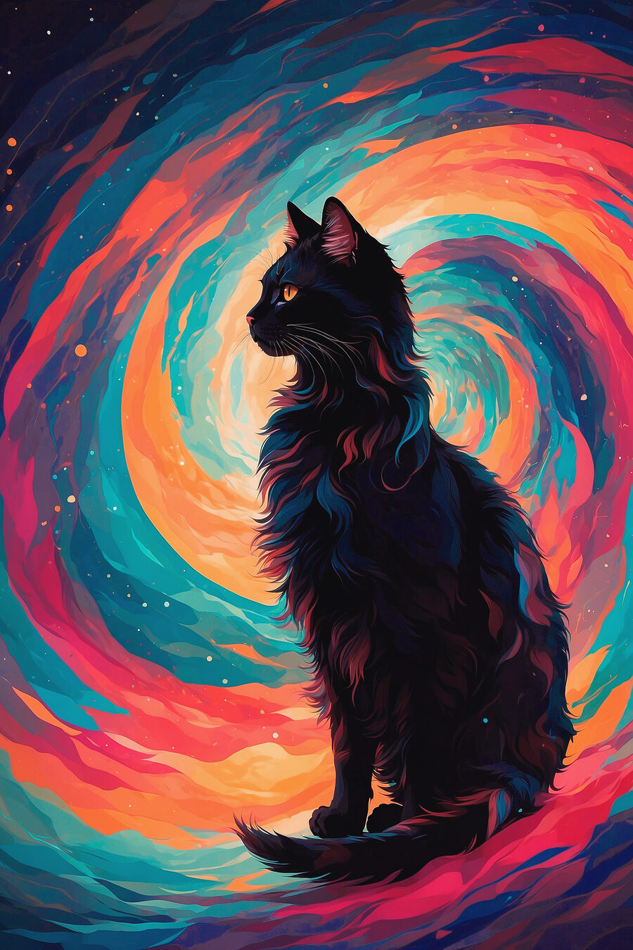 Chat noir, tourbillon coloré — motif complet
