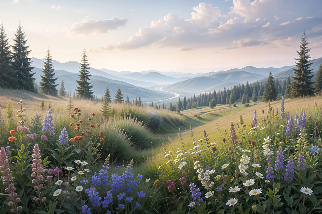 Chemin fleuri, collines vertes — motif complet