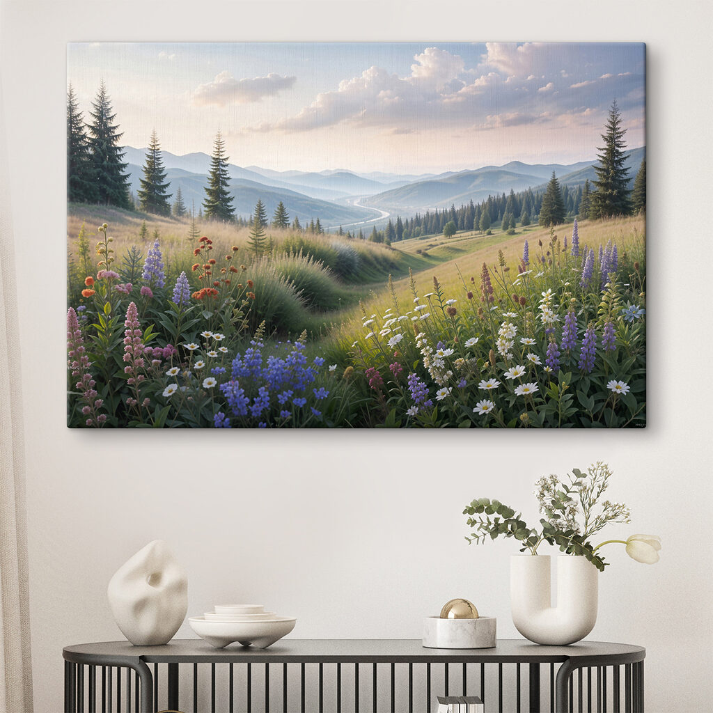 Chemin fleuri, collines vertes — intérieur 1