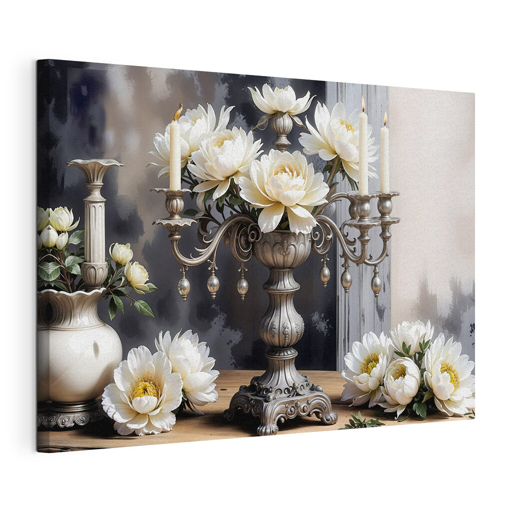 Lotus blancs aux chandelles, toile tendue et bord enveloppé