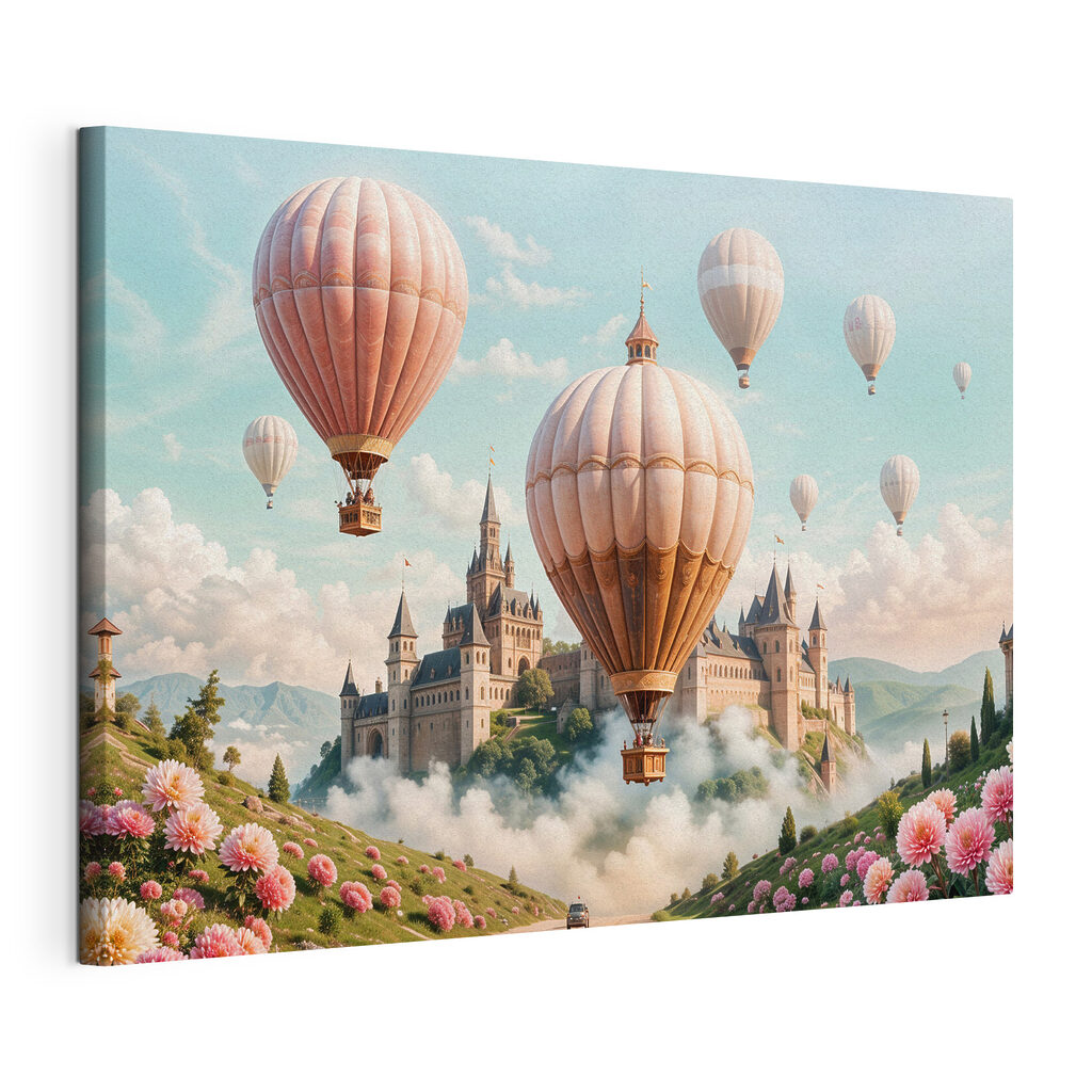 Montgolfières et château rêvé, toile tendue et bord enveloppé