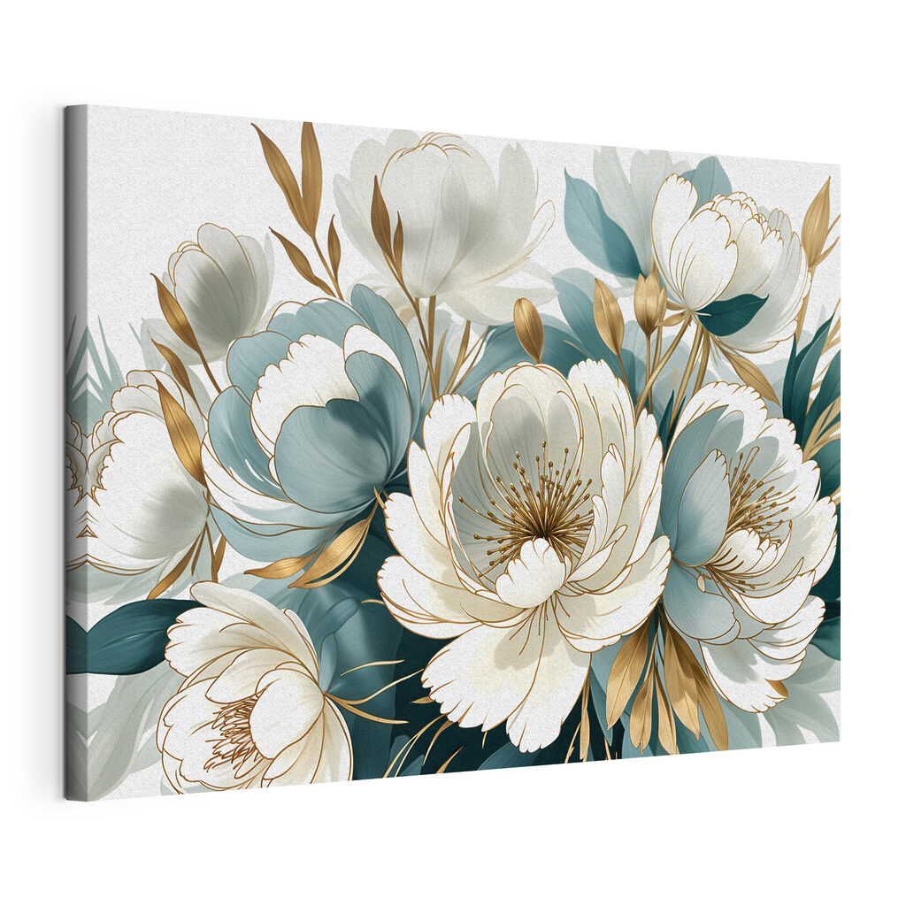 Fleurs blanches, ombres bleues, toile tendue et bord enveloppé