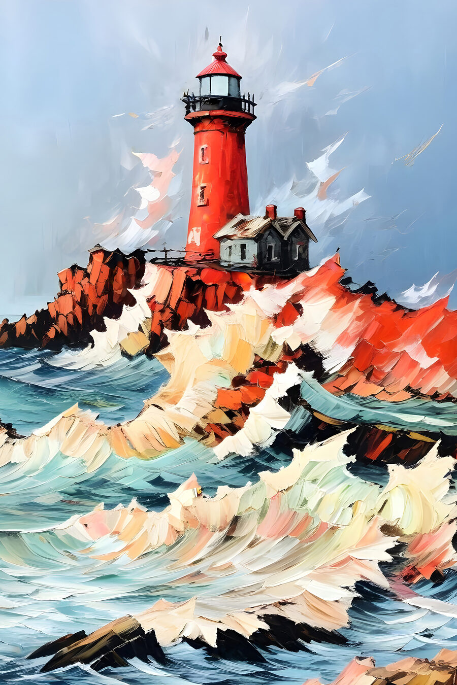 Phare rouge et ressac — motif complet