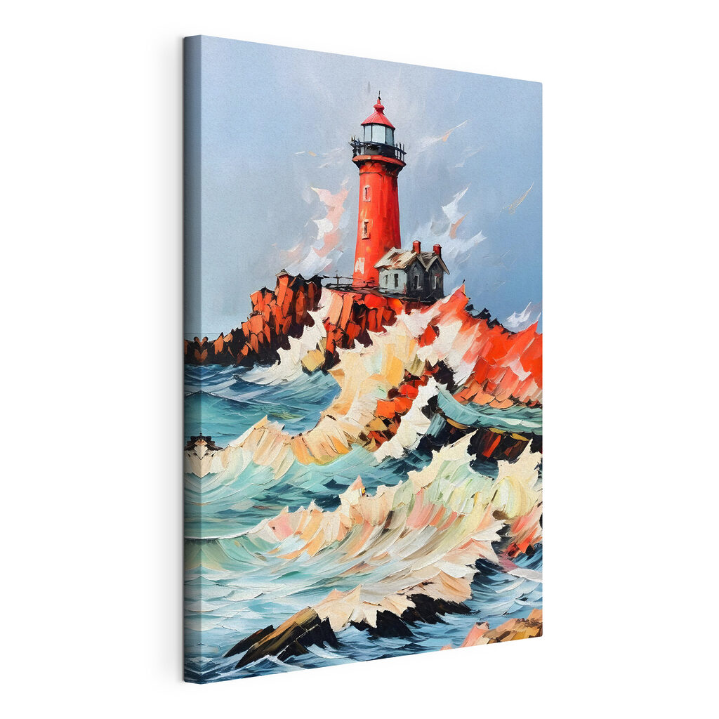 Phare rouge et ressac, toile tendue et bord enveloppé