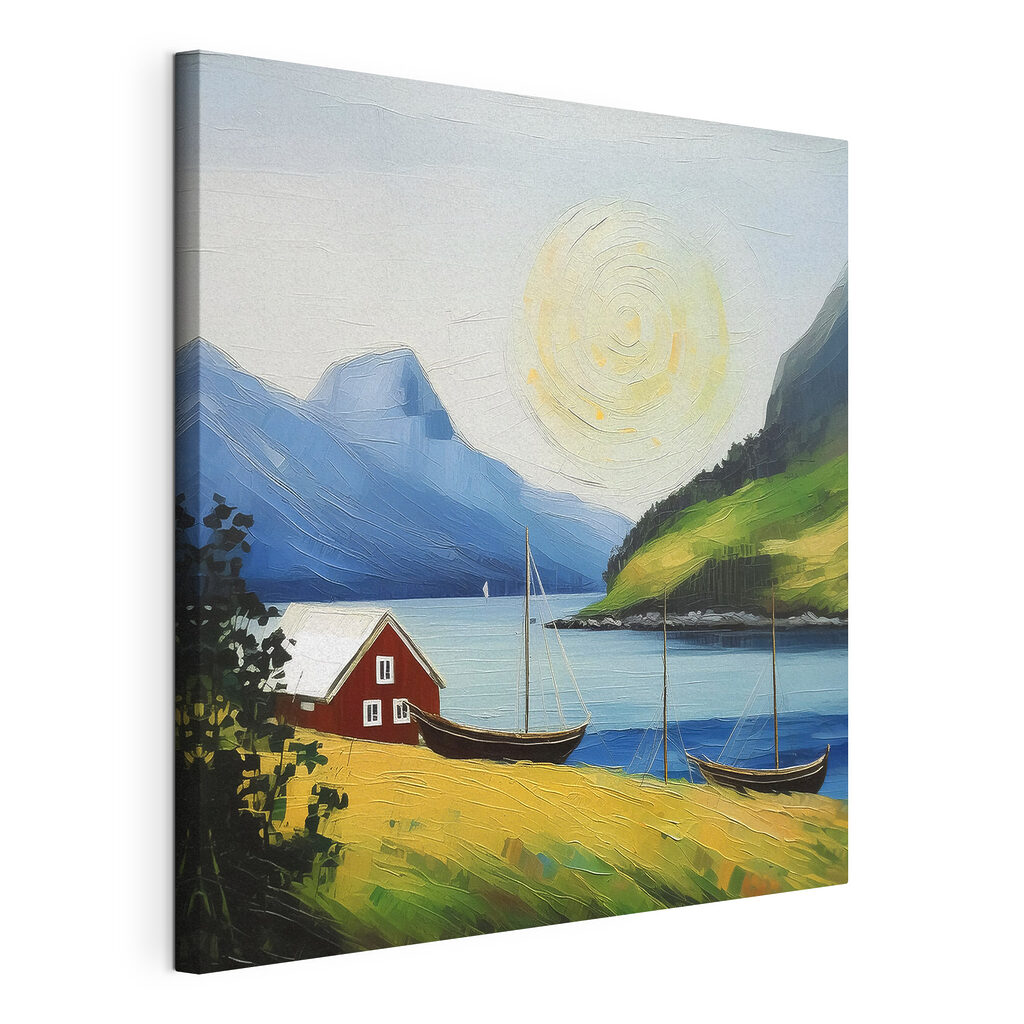 Maison rouge du fjord, toile tendue et bord enveloppé
