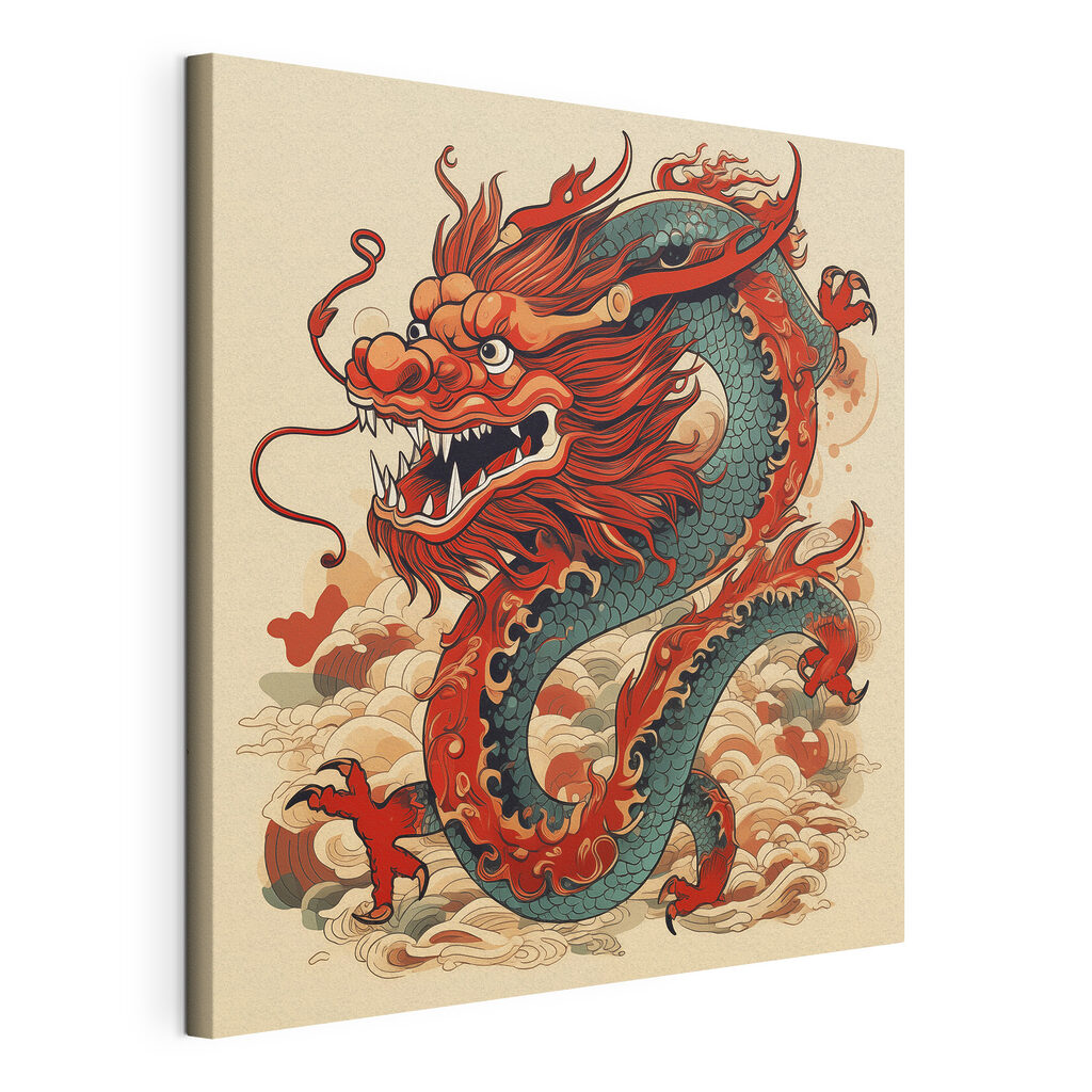 Dragon et nuages enroulés, toile tendue et bord enveloppé