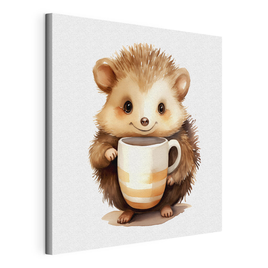 Hérisson et sa tasse, toile tendue et bord enveloppé