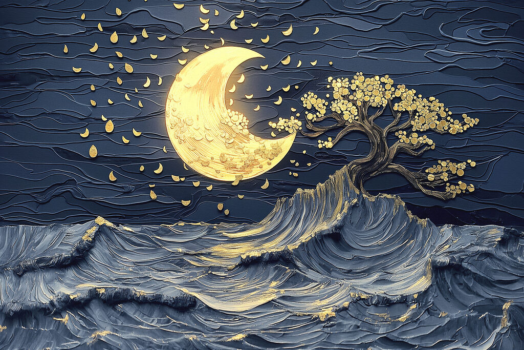 Arbre et vagues nocturnes — motif complet