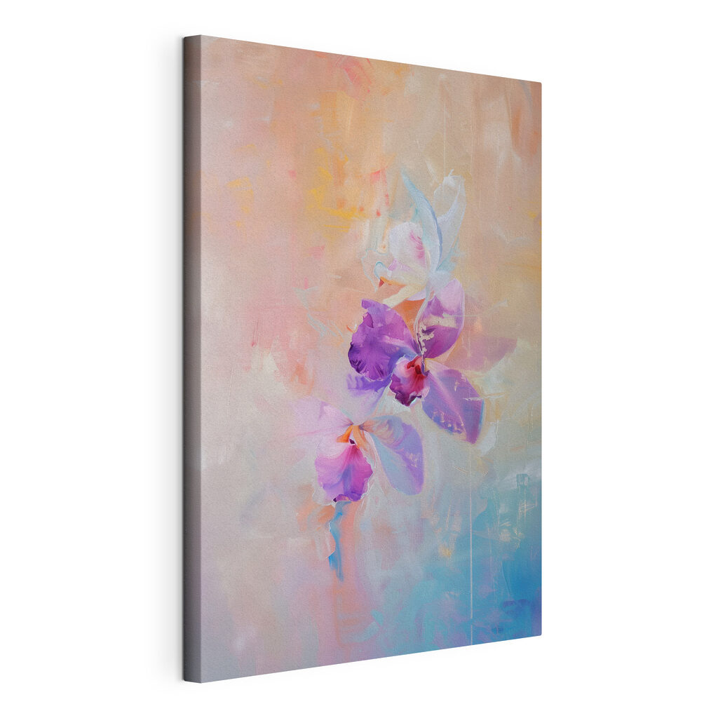 Orchidée en voile pastel, toile tendue et bord enveloppé