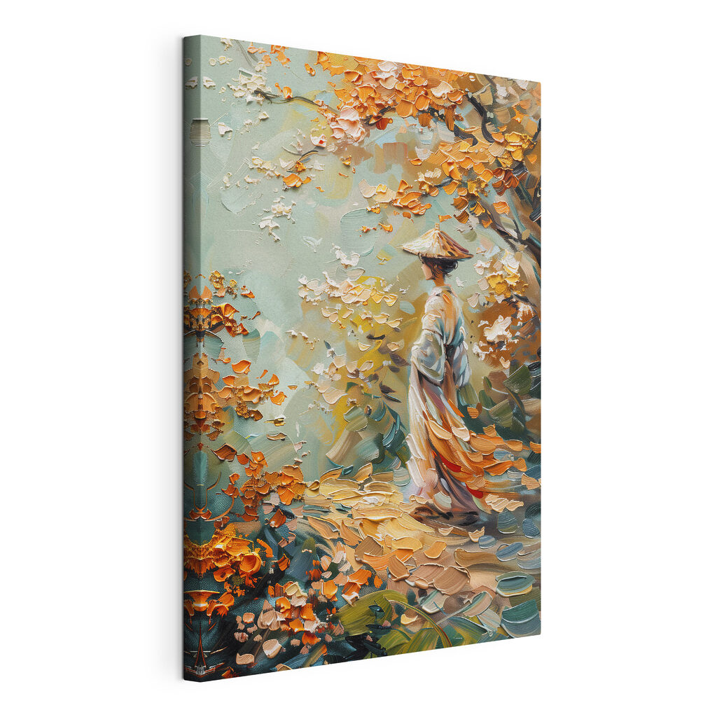 Balade aux feuilles orange, toile tendue et bord enveloppé