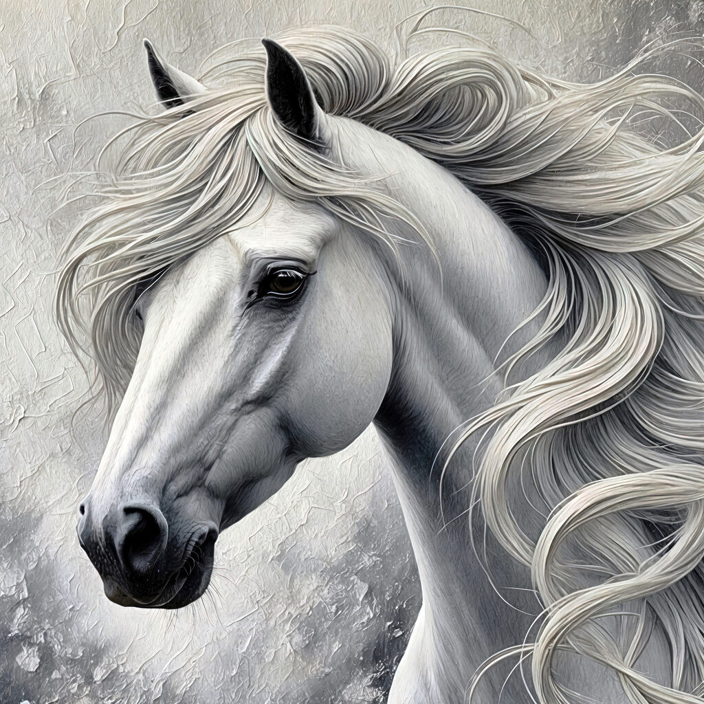 Cheval blanc, crinière ondulée — motif complet