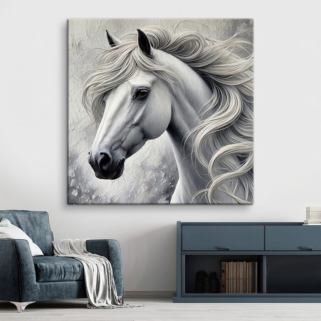 Cheval blanc, crinière ondulée — intérieur 2