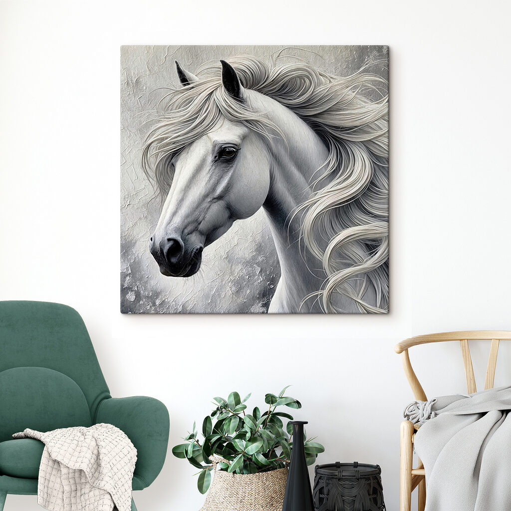 Cheval blanc, crinière ondulée — intérieur 1