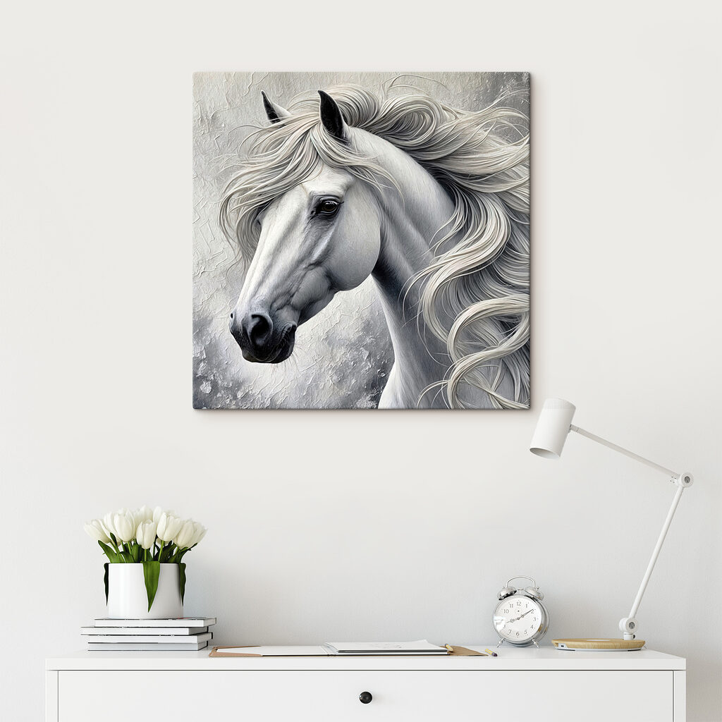 Cheval blanc, crinière ondulée — intérieur 3