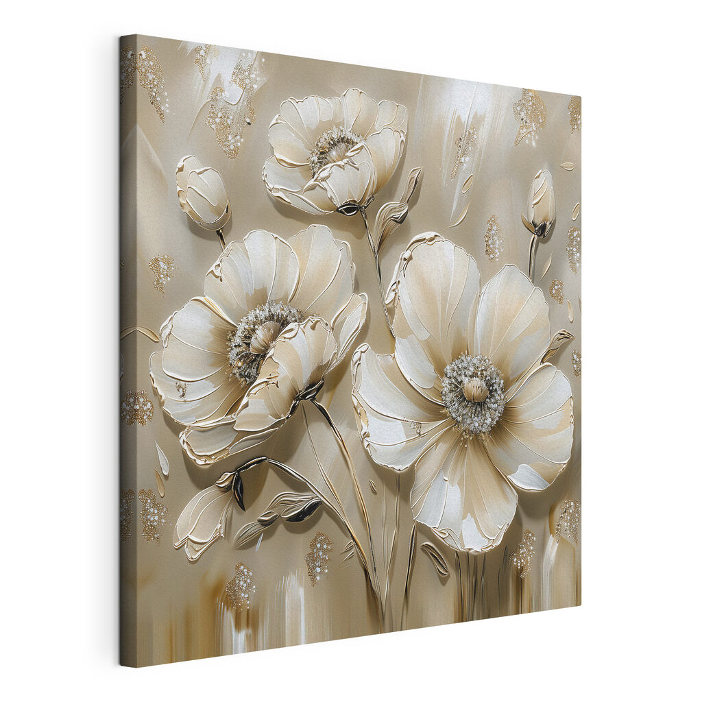 Fleurs blanches, beige sable, toile tendue et bord enveloppé