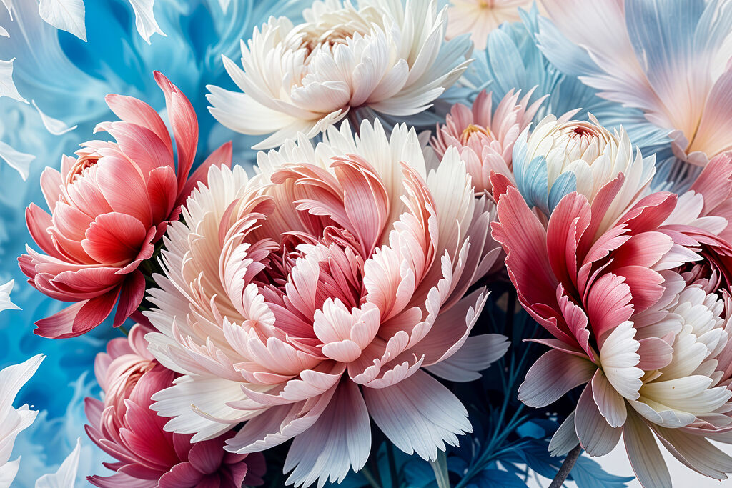 Pivoines roses sur bleu — motif complet