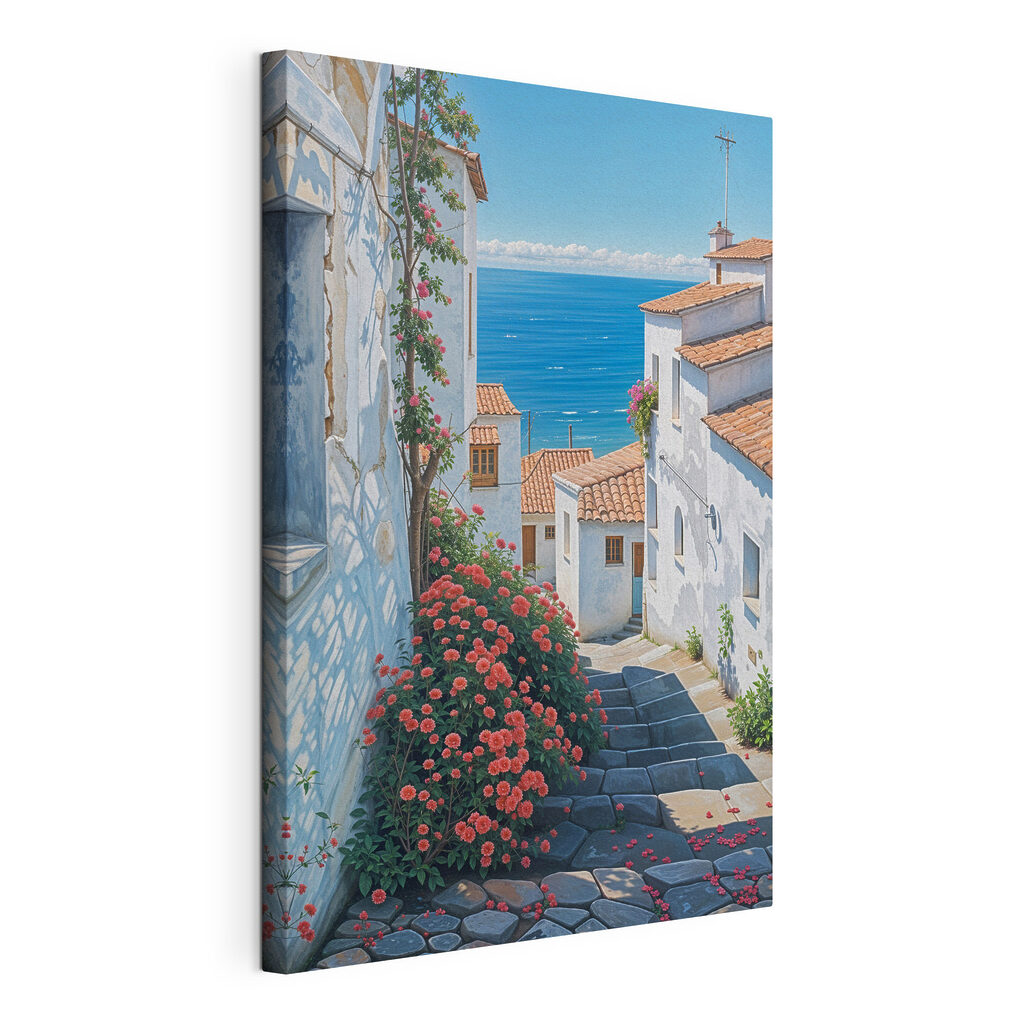 Escalier vers la mer, toile tendue et bord enveloppé