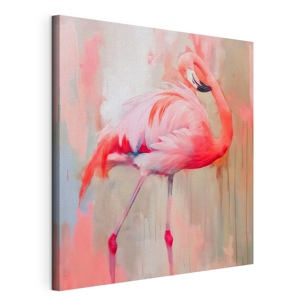 Flamant rose au pinceau, toile tendue et bord enveloppé