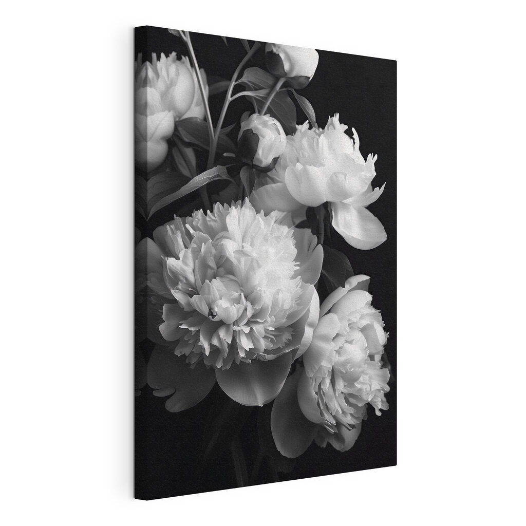 Pivoines noir et blanc, toile tendue et bord enveloppé