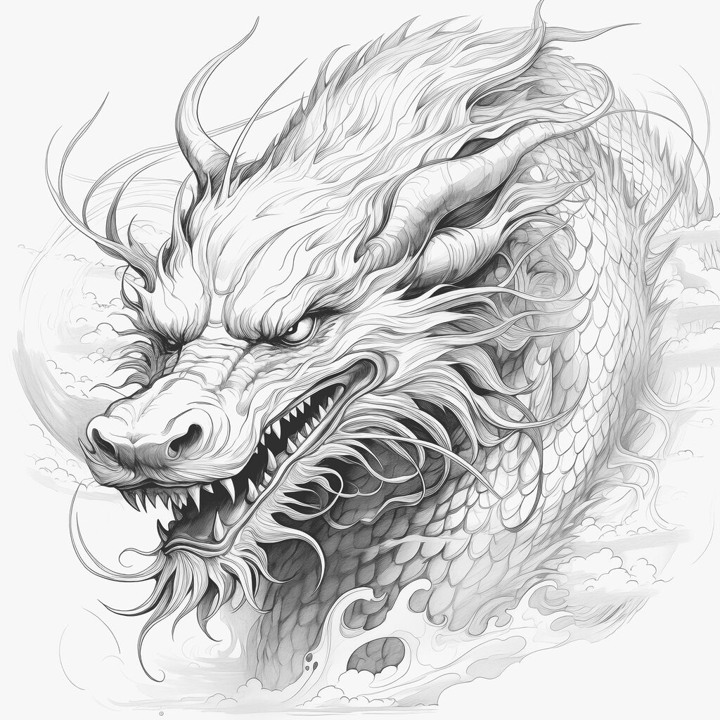 Dragon au crayon fin — motif complet
