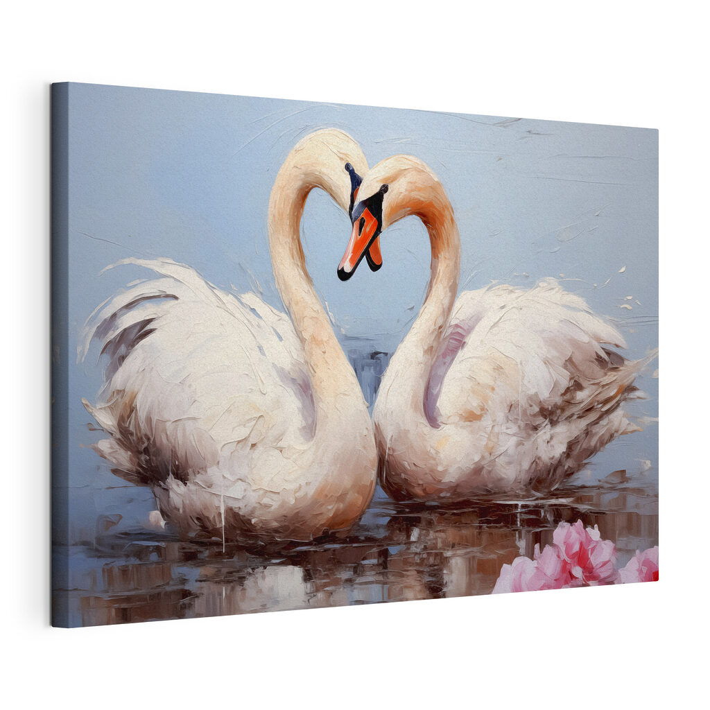 Deux cygnes en cœur, toile tendue et bord enveloppé