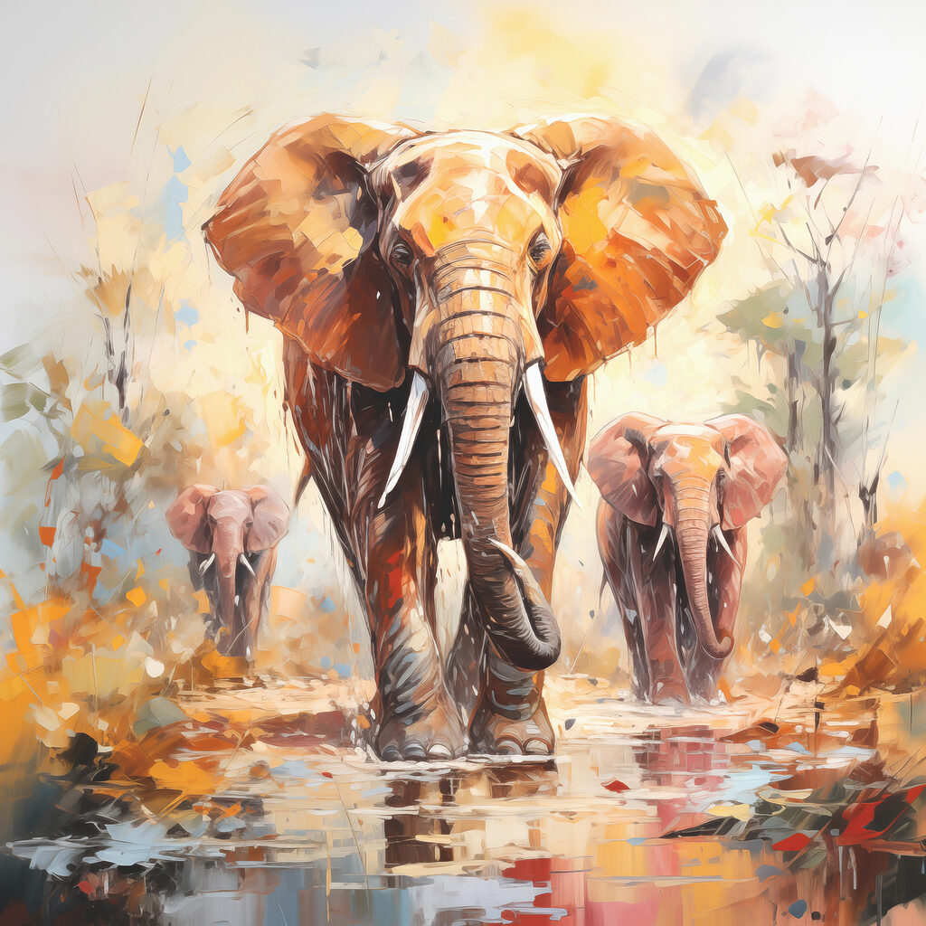 Éléphants aux reflets chauds — motif complet