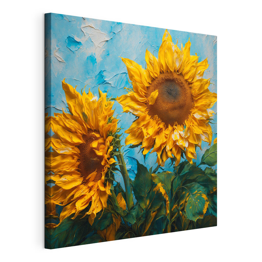 Tournesols sur bleu ciel, toile tendue et bord enveloppé