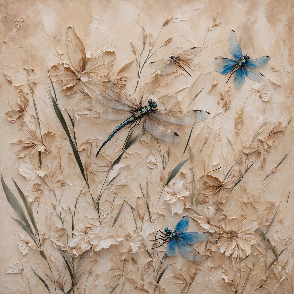 Libellules et fleurs beiges — motif complet