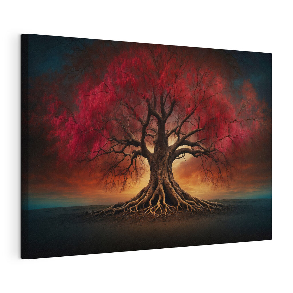 Arbre rouge enraciné, toile tendue et bord enveloppé