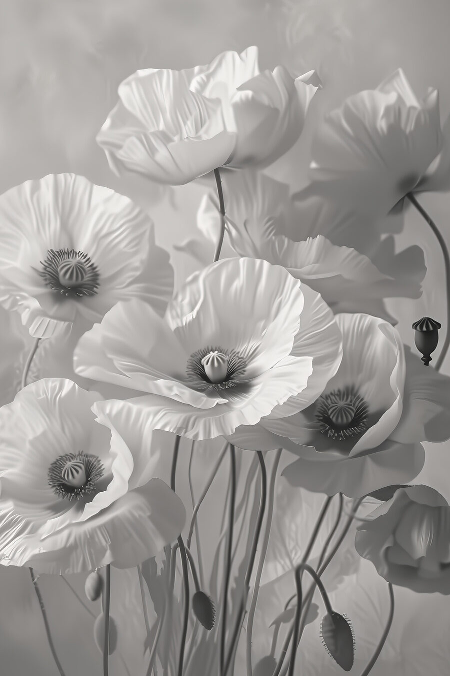 Pavots blancs sur gris — motif complet