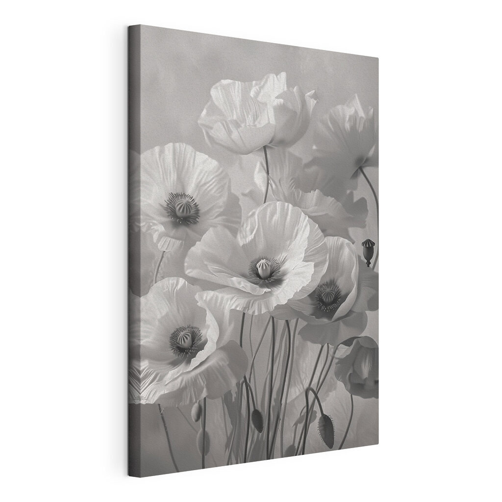 Pavots blancs sur gris, toile tendue et bord enveloppé