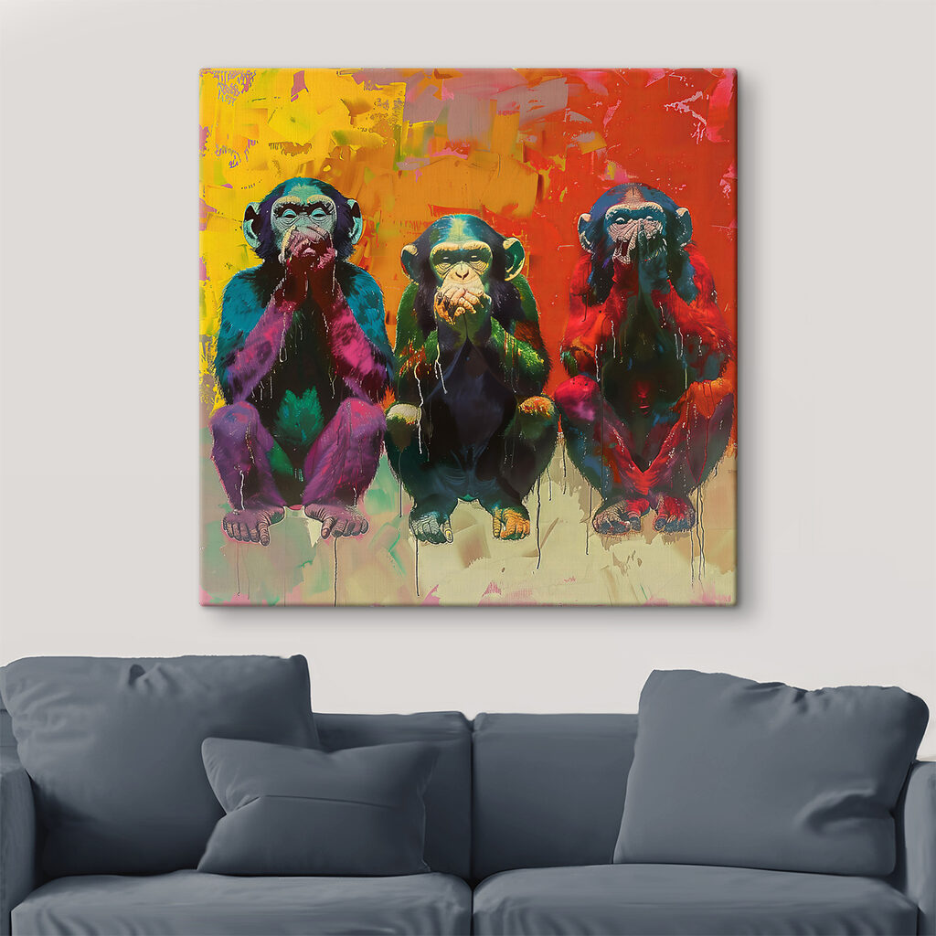 Trois singes en silence dans un intérieur
