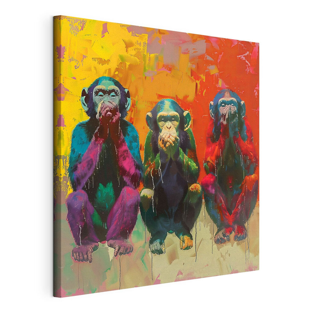 Trois singes en silence, toile tendue et bord enveloppé