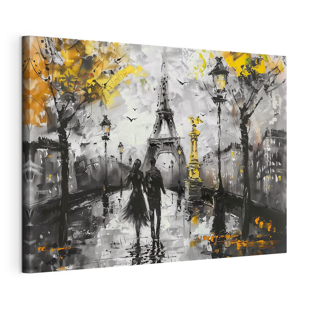 Paris aux feuilles jaunes, toile tendue et bord enveloppé