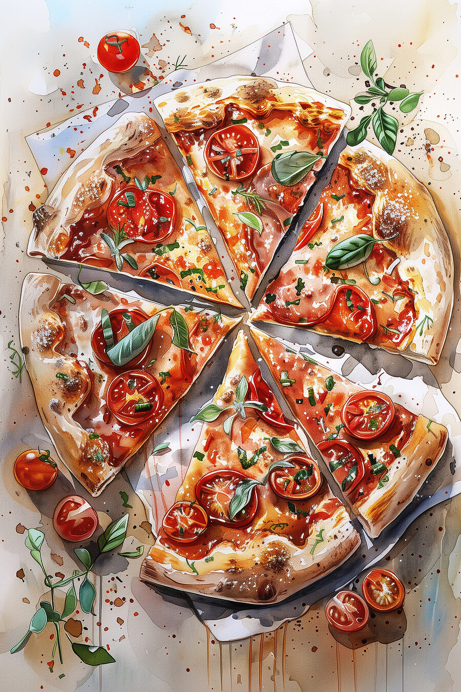 Pizza parmi les tomates — motif complet