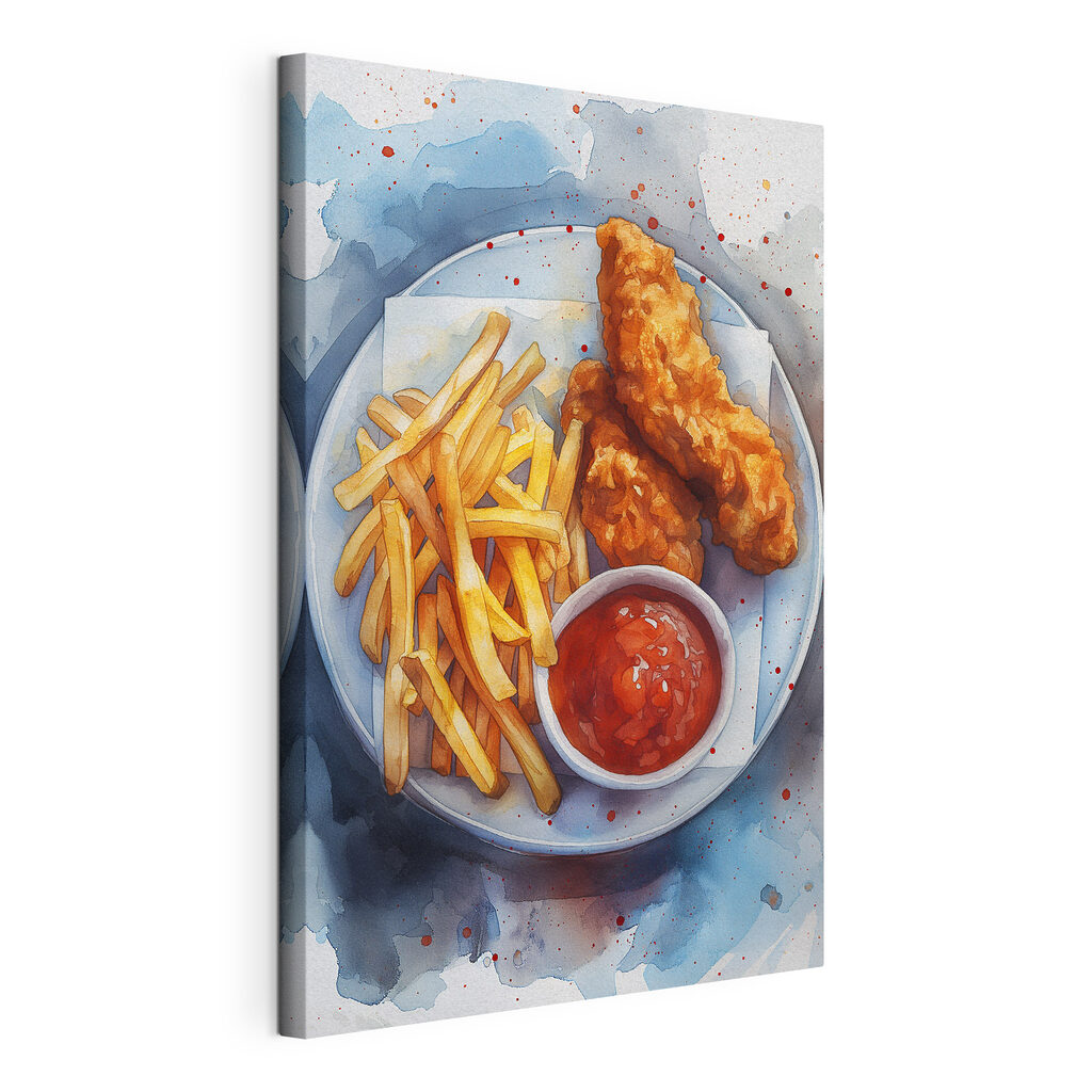 Frites et poisson croustillant, toile tendue et bord enveloppé