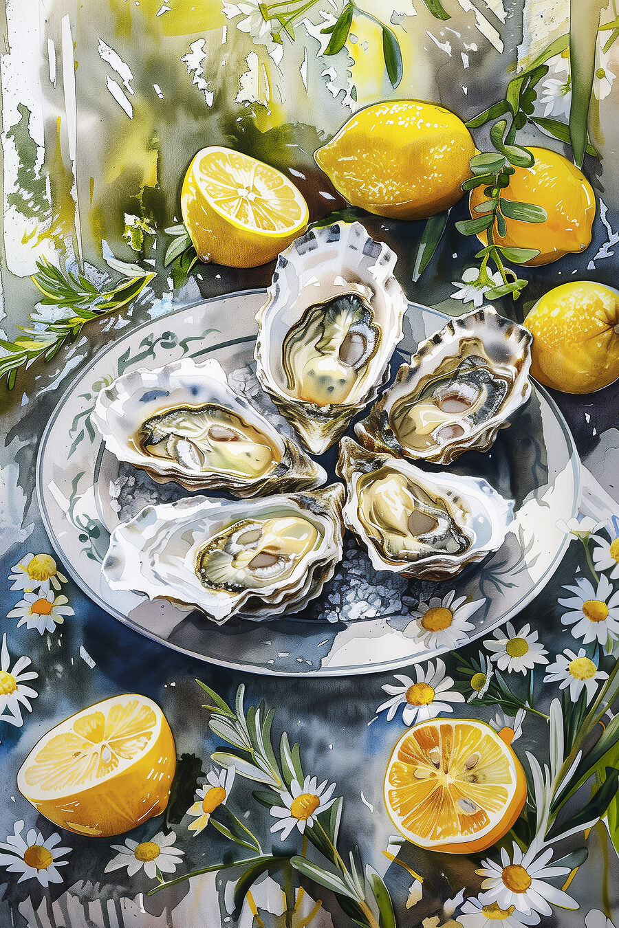 Huîtres, citrons et fleurs — motif complet
