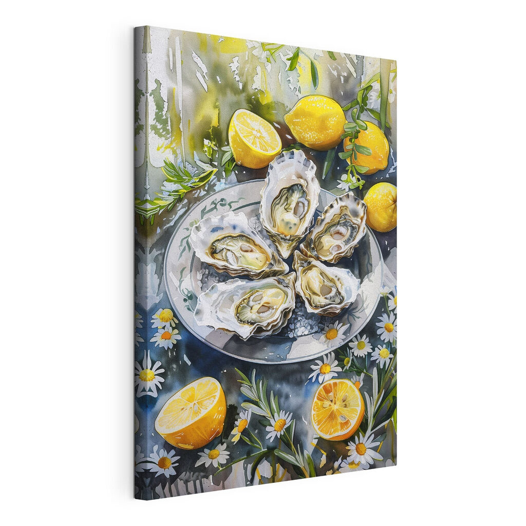 Huîtres, citrons et fleurs, toile tendue et bord enveloppé
